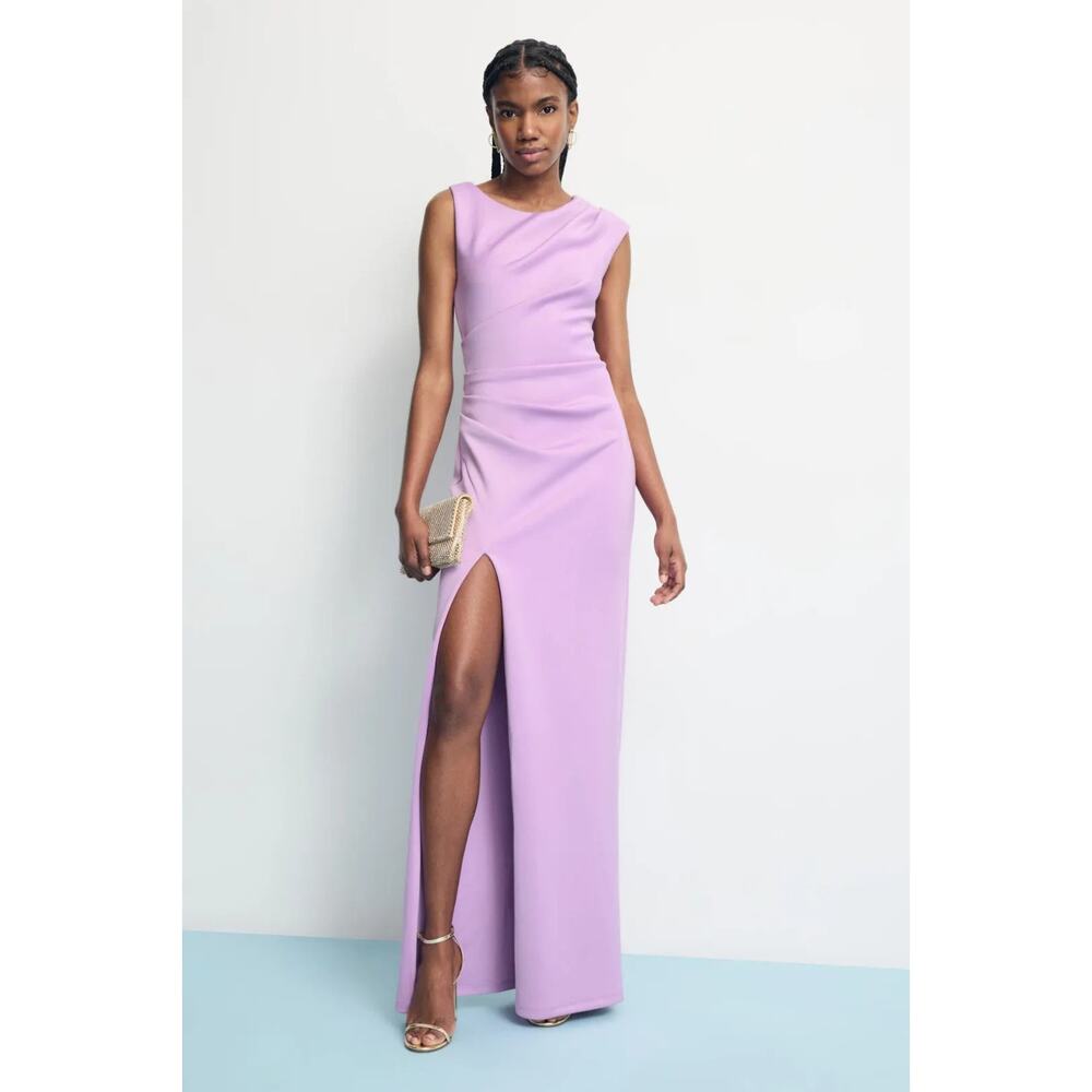 Black Halo Eve Braden Gown Purple Maxi Thigh-High Slit Cut Dress Size 8, Rt $495